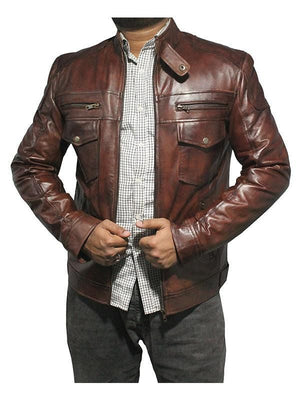 Men's Strap Pocket Brown Leather Biker Jacket