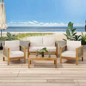 Outdoor 4 Seater Acacia Wood Chat Set With Wicker Accents And Cushions