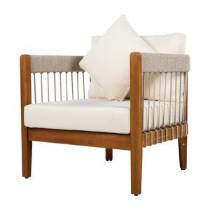 Acacia Wood Outdoor Club Chair with Handwoven Rope Accents & Curved Backrest