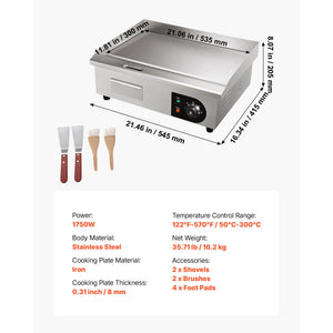 Commercial Electric Griddle, 21 x 11.8 Inch, 1750W