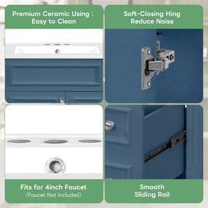 Bathroom Vanity With Ceramic Sink, Compact Cabinet With 2 Drawers And Adjustable Shelf - Blue