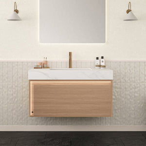 Nyah 36'' Bathroom Vanity & Sink, Floating Ultra-Slim Grille Plywood Cabinet, Drawer with Sensor Light, Carrara