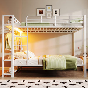 Bunk Bed With Storage Shelves, Clothes Hooks, LED Light