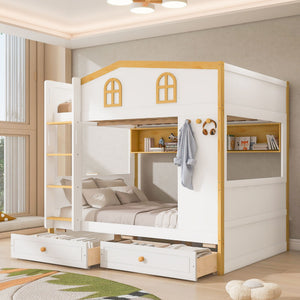 Twin Over Twin Bunk Bed With House Shaped Guardrails, Storage Shelves & Drawers - White / Natural