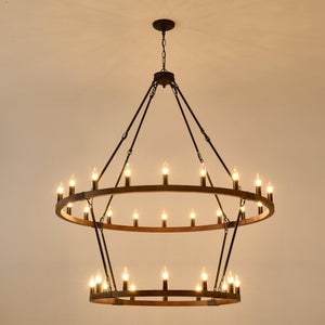 Large Solid Wood Wagon Wheel Chandelier, 2-Tier 32-Lights