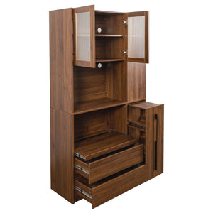 Tall Kitchen Pantry Cabinet With 4 Tier Side Shelf, 2 Drawers, Freestanding Food Hutch With Microwave Stand For Dining Room - Walnut