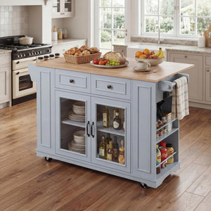 54" Mobile Kitchen Island with Glass Door Storage, Power Outlet & Rolling Cart