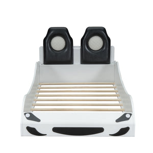 Race Car Shaped Platform Bed With LED And Upholstered Backrest In