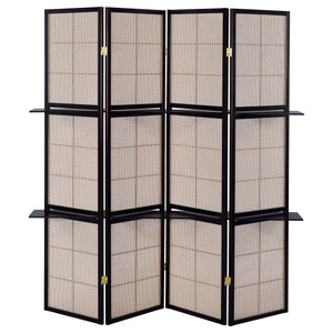 4 Panel Folding Screen With Shelves - Brown