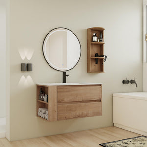 Modern Wall Mounted Bathroom Vanity with Ceramic Sink and Storage Rack