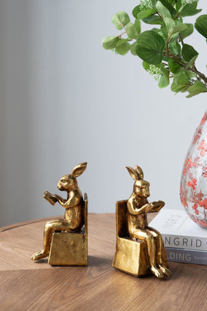 3.9x2.8x6.9' Sitting Rabbit Bookends With Antique Gold Finish