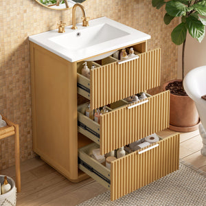 Bathroom Vanity With Sink, Open Shelf & Closed Storage - Natural Wood