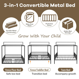3 In 1 Convertible Montessori Floor Bed With Fenced Support