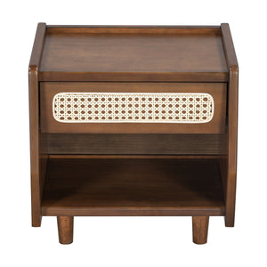 Walnut Nightstand with Rattan Detail, MDF + Solid Wood