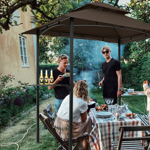 Outdoor Grill Gazebo With Double Tier Soft Top Canopy, Steel Frame, Bar Counters & Hook