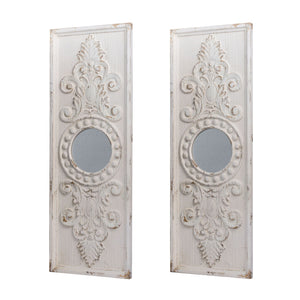 Large Wooden Wall Art Panels With Distressed Round Mirror Accents (Set of 2) - White