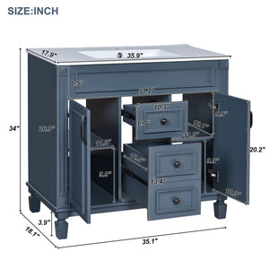 36" Bathroom Vanity With Ceramic Sink and Soft-Close Doors - Blue