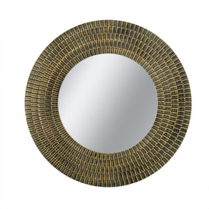 29.5" Round Gold and Black Wooden Accent Mirror with Woven Texture
