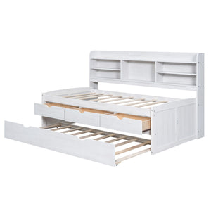 Captain Bed With Built In Bookshelves, 3 Storage Drawers, And Trundle