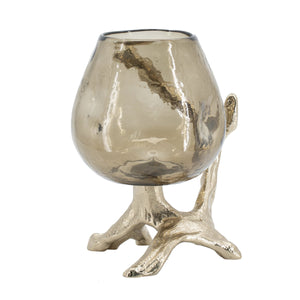Olive Glass Candle Holder with Gold Metal Legs