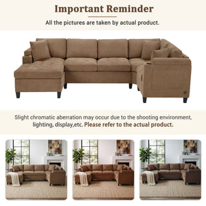 U Shaped Sectional Sofa, Corner Living Room Couch With Built In Cup Holders, Storage, USB Ports