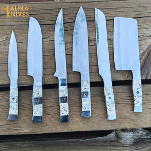 Malika Ultimate Kitchen Knife Set: Premium Black & white Collection with Custom Leather Carrying Case -0205