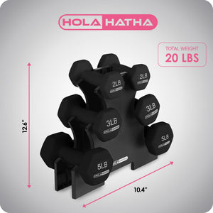 HolaHatha 2, 3, and 5 Pound Neoprene Dumbbell Free Hand Weight Set w/Rack, Black