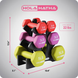 HolaHatha Neoprene Dumbbell Free Hand Weight Set with Rack
