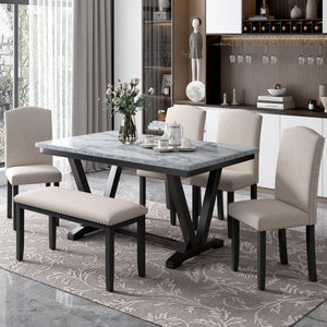 TREXM Modern Style 6-Piece Dining Table with 4 Chairs & 1 Bench