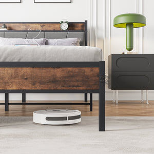 Queen Size Bed Frame with Storage Headboard and Charging Station