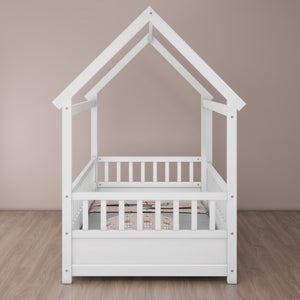 Twin Size Floor Wooden Bed with House Roof Frame