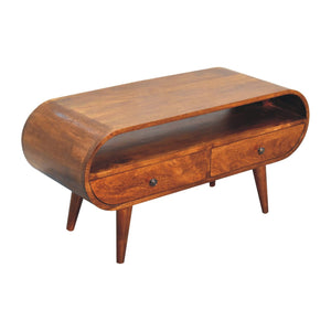Chestnut Circular TV Stand, 2-Drawers, Open Slot, Nordic Legs