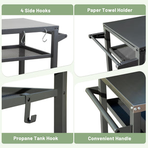 3-Shelf Outdoor Grill Table with Wheels and Propane Tank Hook
