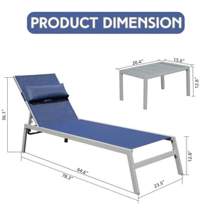 Patio Chaise Lounge Set of 3 with Side Table - Navy Blue