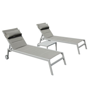 Outdoor Patio Chaise Lounge Set of 3 with Side Table and Wheels