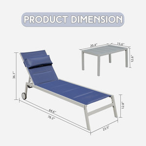 Outdoor Patio Chaise Lounge Set of 3, Aluminum Pool Lounge Chairs with Side Table and Wheels