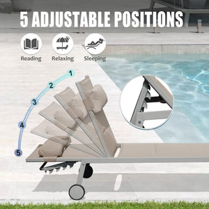 Outdoor Patio Chaise Lounge Set of 3 with Side Table and Wheels (Khaki)