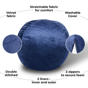 Minky Velvet Bean Bag Chair - Navy 5ft Plush Floor Chair