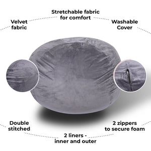 Minky Velvet Bean Bag Chair - Grey 5ft Plush Floor Chair