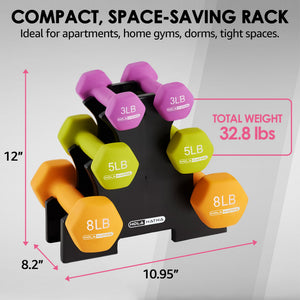 HolaHatha 3, 5 and 8 Pound Neoprene Dumbbell Strength Training Weights Set Rack