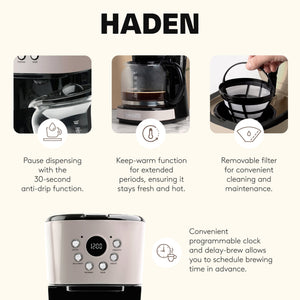 Haden Coffee Machine, 12 Cup Programmable Drip Coffee Maker, Putty & Chrome