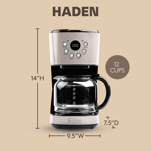 Haden Coffee Machine, 12 Cup Programmable Drip Coffee Maker, Putty & Chrome