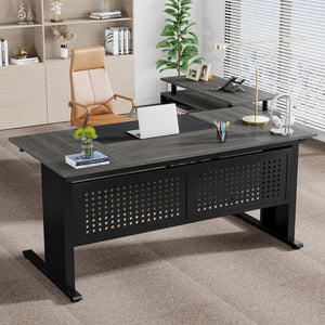 L-Shaped Executive Desk With File Cabinet, Office Workstation With Drawers, Shelves & Storage