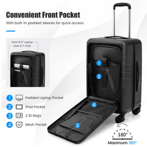 20 Inch Carry-on Luggage PC Hardside Suitcase TSA Lock with Front Pocket and USB Port