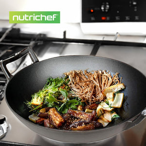 NutriChef Pre Seasoned Cooking Wok Cast Iron Stir Fry Pan with Wooden Lid, Black