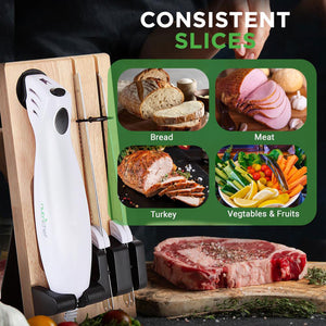 NutriChef 2 Blade Serrated Electric Kitchen Knife w/ Butcher Block Storage Tray
