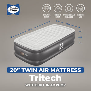 Sealy Tritech Twin Sized 20" Air Mattress Bed 2 Person w/ Built-In AC Pump & Bag