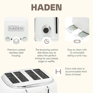 Haden Heritage 1.7 Liter Electric Tea Kettle & 4 Slice Wide Slot Toaster, White