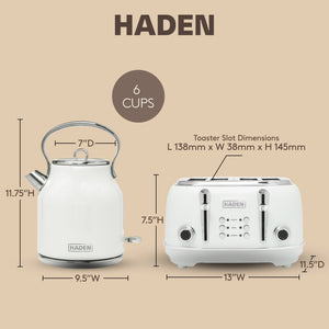 Haden Heritage 1.7 Liter Electric Tea Kettle & 4 Slice Wide Slot Toaster, White
