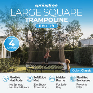 Springfree Large Square Backyard Trampoline With Enclosure and Hidden Frame, 11'
